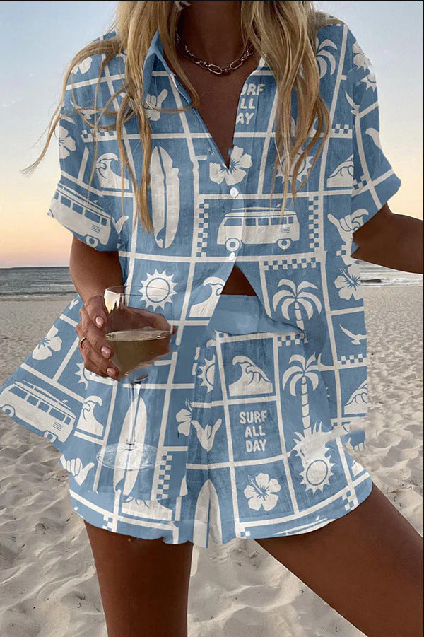Jorelle – Short Summer Suit with Caravan Print
