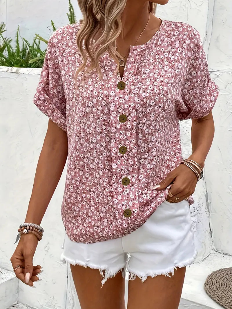 Alira - Floral Print Notched Colour Blouse