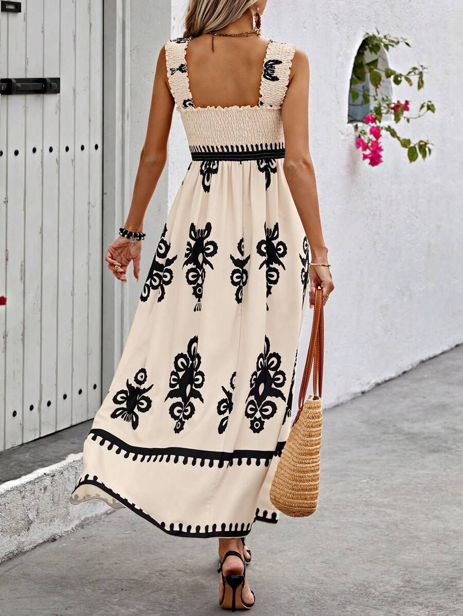 Jessirae - Elegant Sleeveless Square Neck Printed Dress for the Beach
