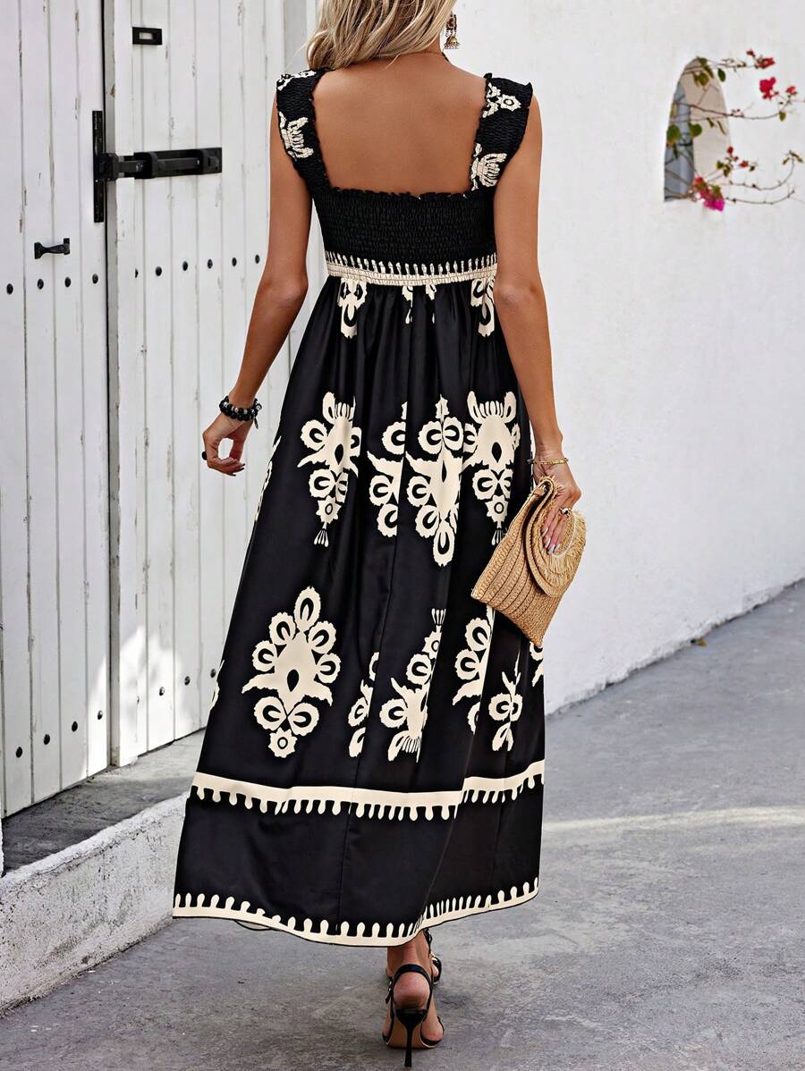Jessirae - Elegant Sleeveless Square Neck Printed Dress for the Beach