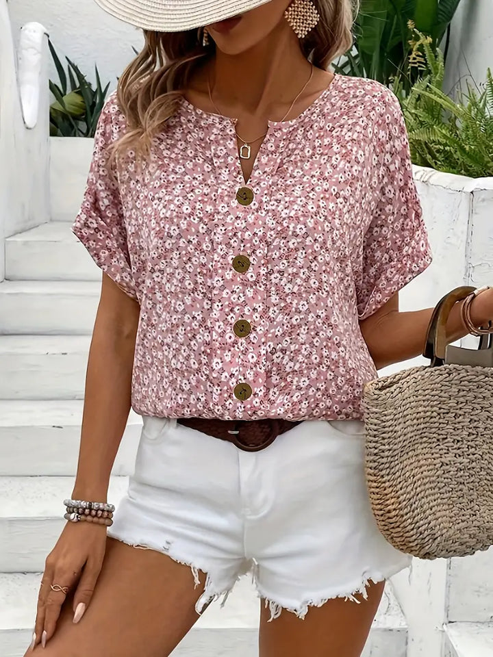 Alira - Floral Print Notched Colour Blouse