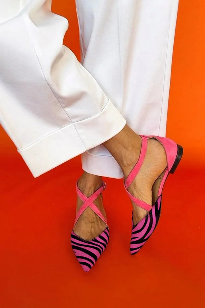 Magnolia - Elegant ballet flats with zebra details and glamorous pink straps