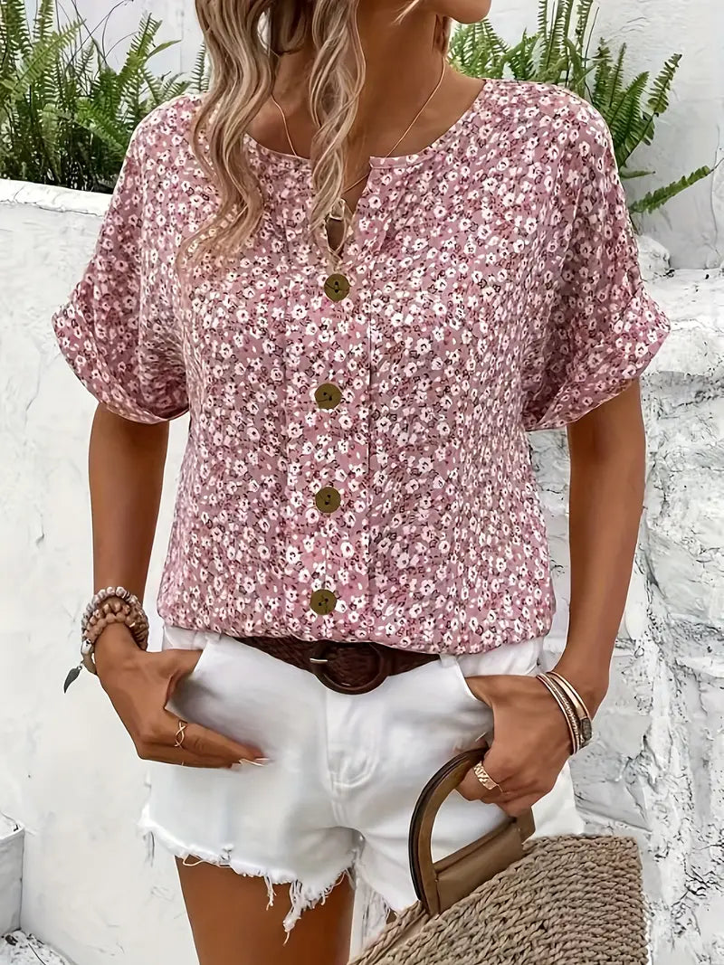 Alira - Floral Print Notched Colour Blouse