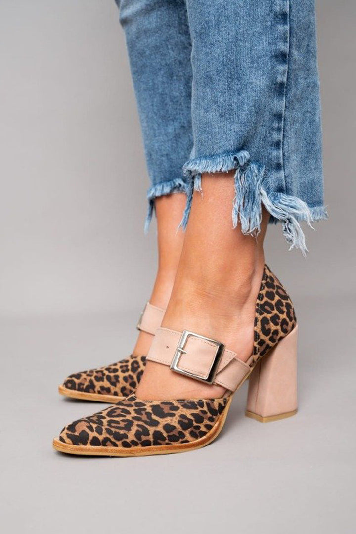 Scarlett -  Stylish leopard print suede sandals with a stable heel and superior comfort
