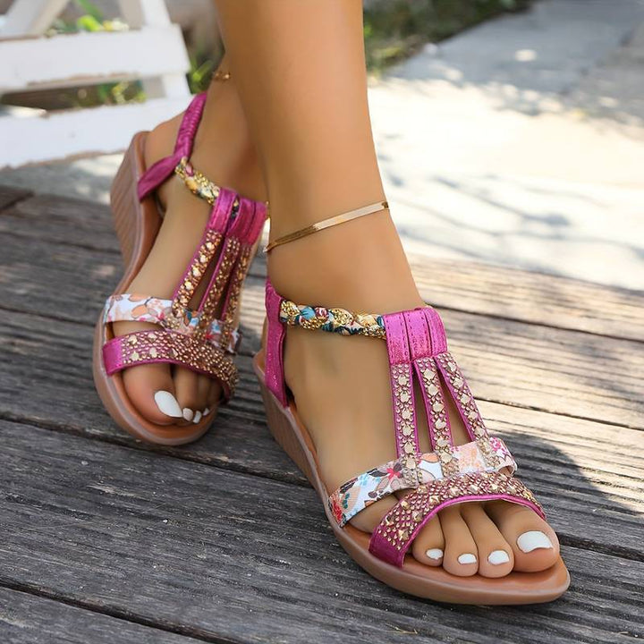 Elena - Floral Beaded T-Strap Sandals