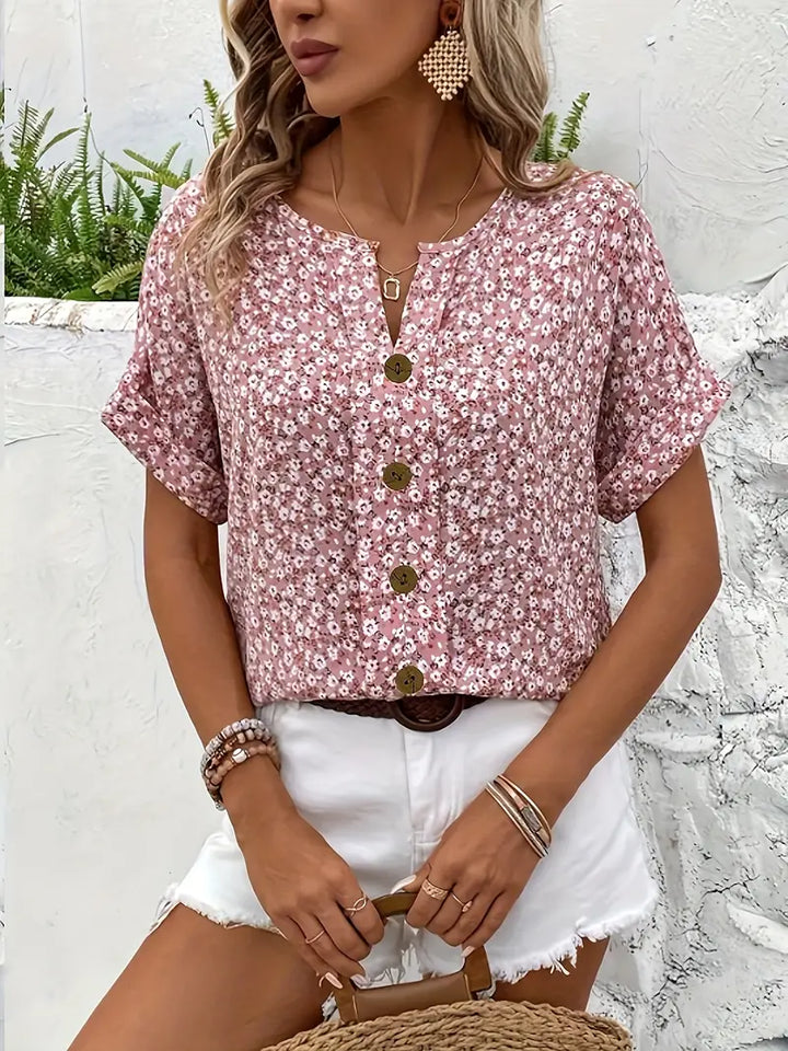 Alira - Floral Print Notched Colour Blouse