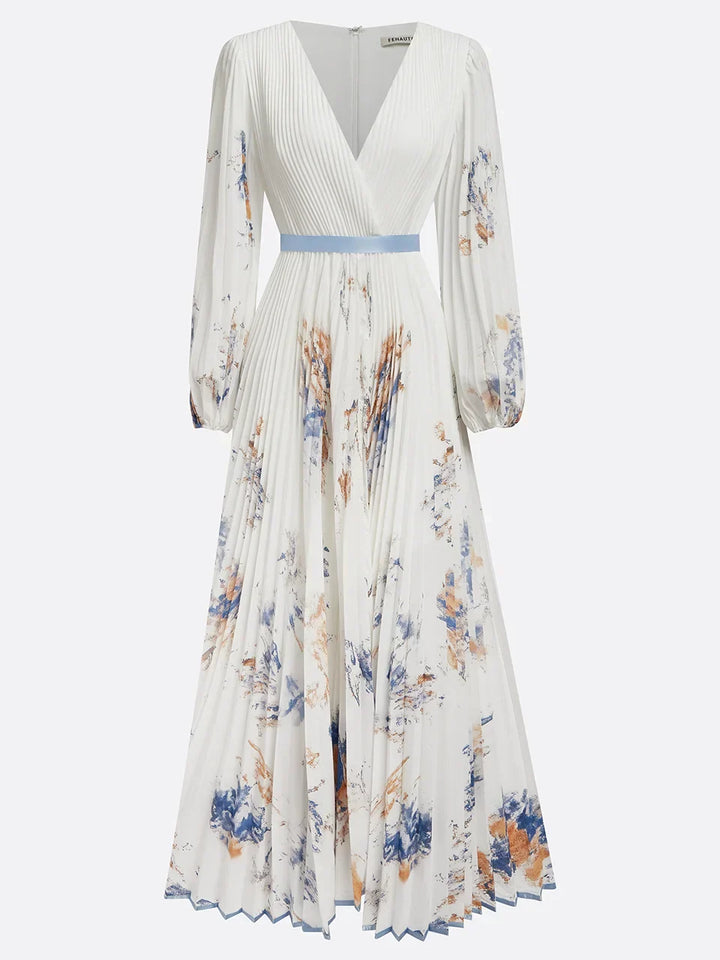 Tanira - Elegant Maxi Dress with V-Collar and Puff Sleeves