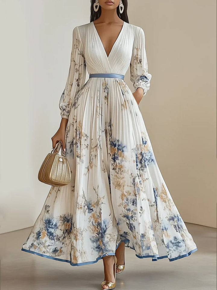Tanira - Elegant Maxi Dress with V-Collar and Puff Sleeves