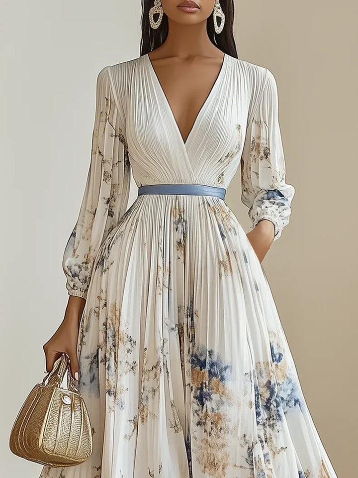 Tanira - Elegant Maxi Dress with V-Collar and Puff Sleeves