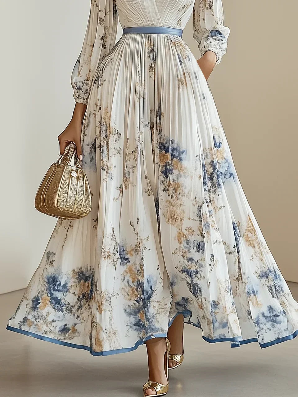 Tanira - Elegant Maxi Dress with V-Collar and Puff Sleeves