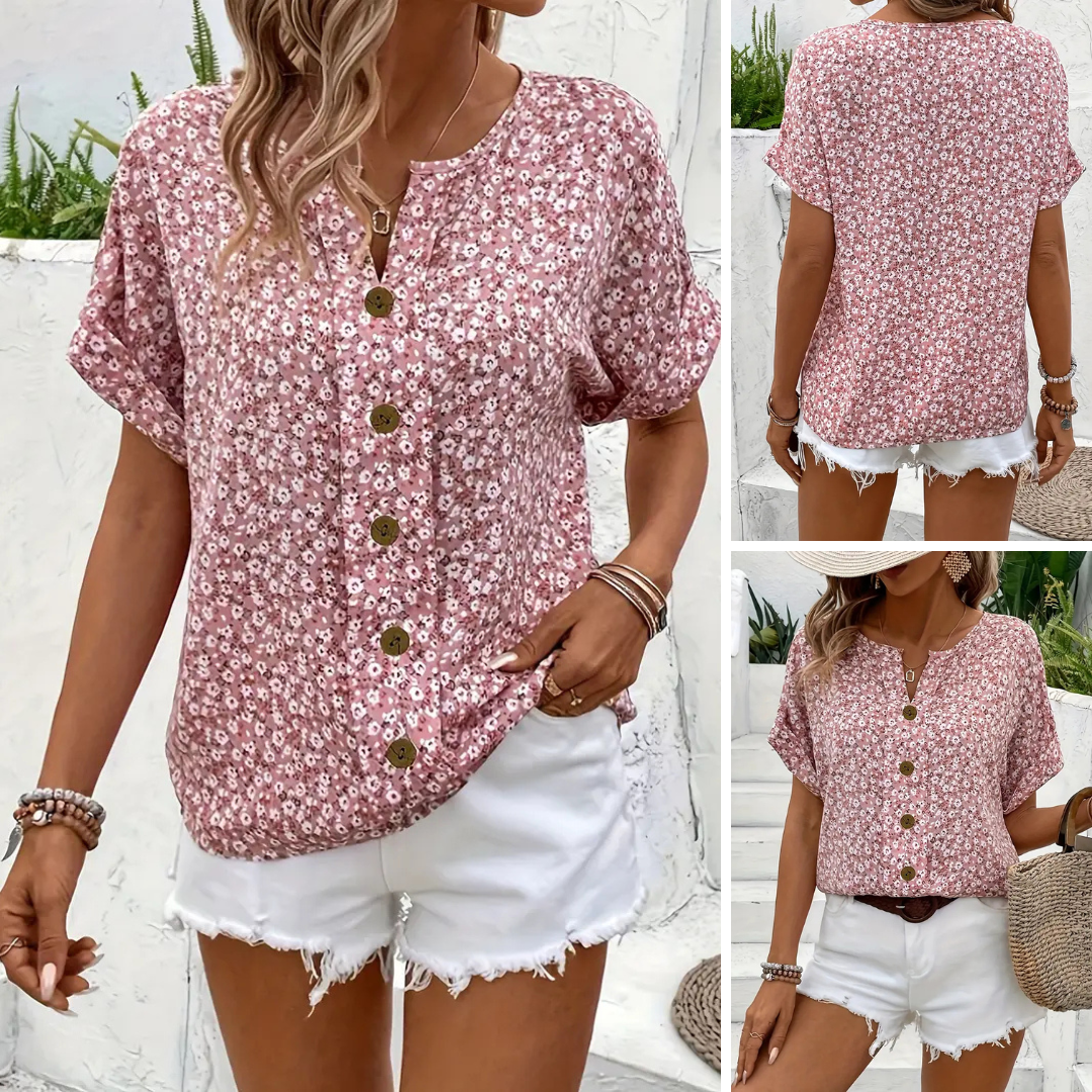 Alira - Floral Print Notched Colour Blouse