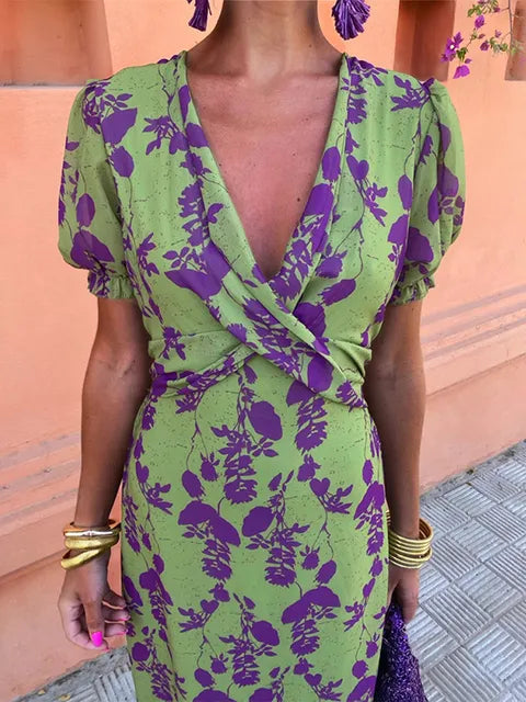 Iridessa - Elegant Bohemian Dress with V-Neck, Flowers, and Pleats