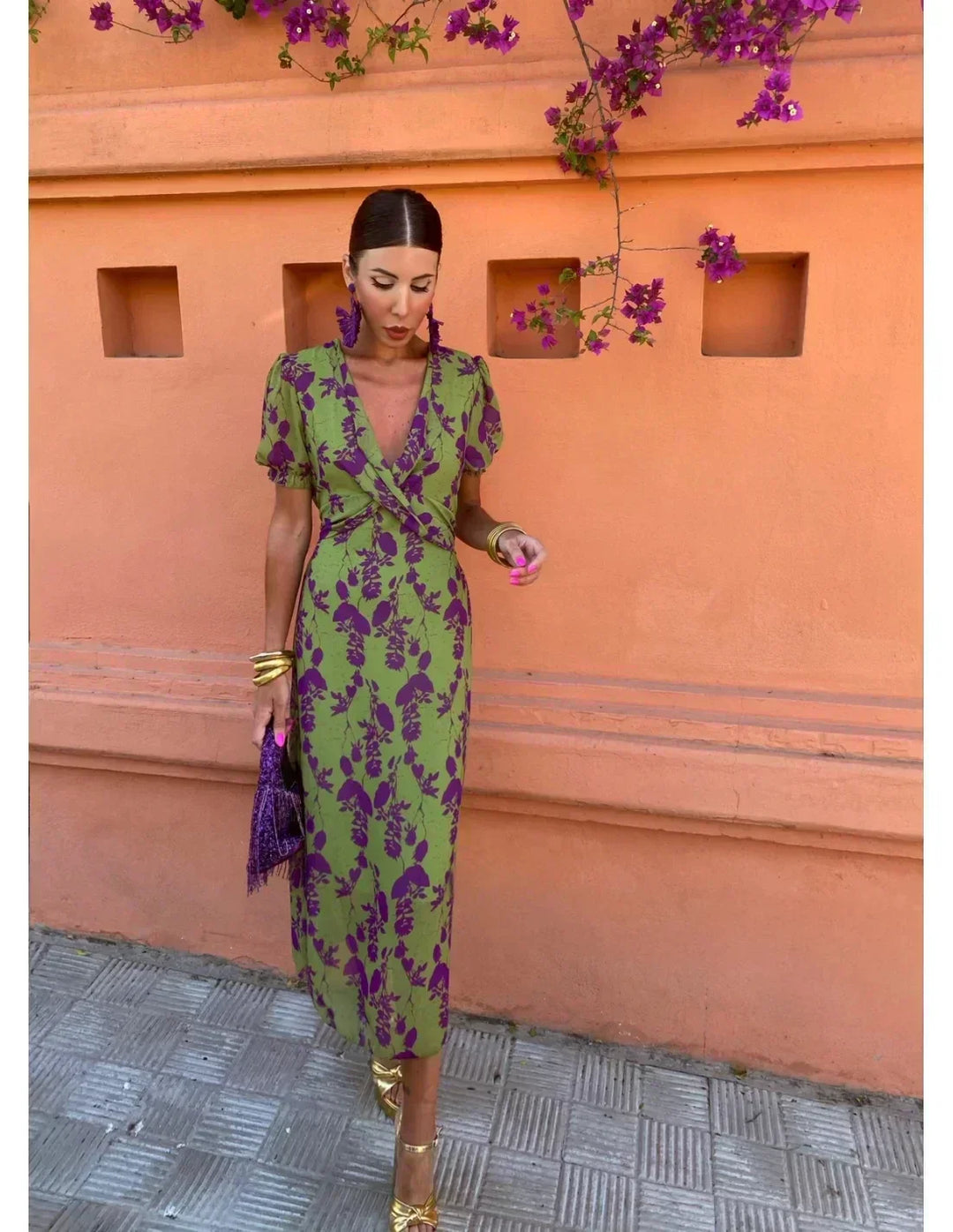 Iridessa - Elegant Bohemian Dress with V-Neck, Flowers, and Pleats