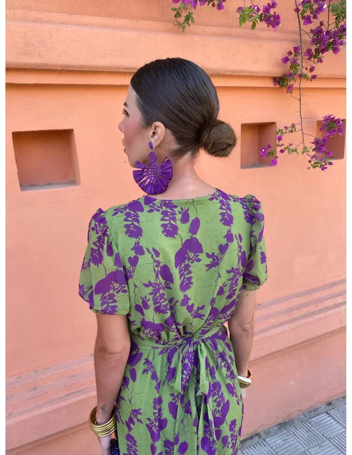 Iridessa - Elegant Bohemian Dress with V-Neck, Flowers, and Pleats