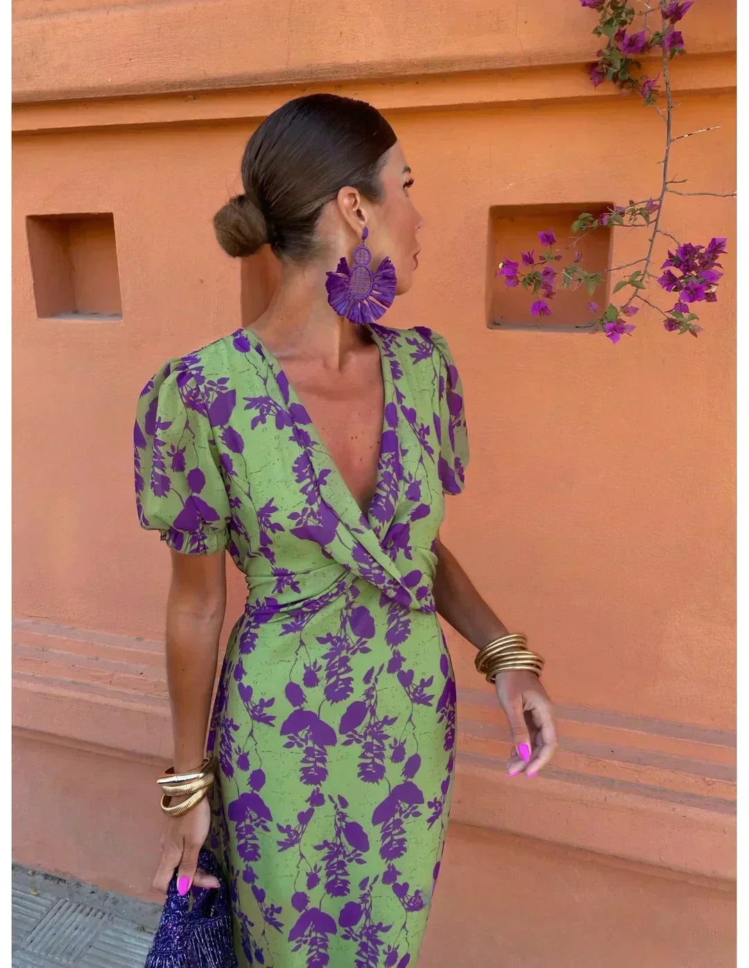 Iridessa - Elegant Bohemian Dress with V-Neck, Flowers, and Pleats