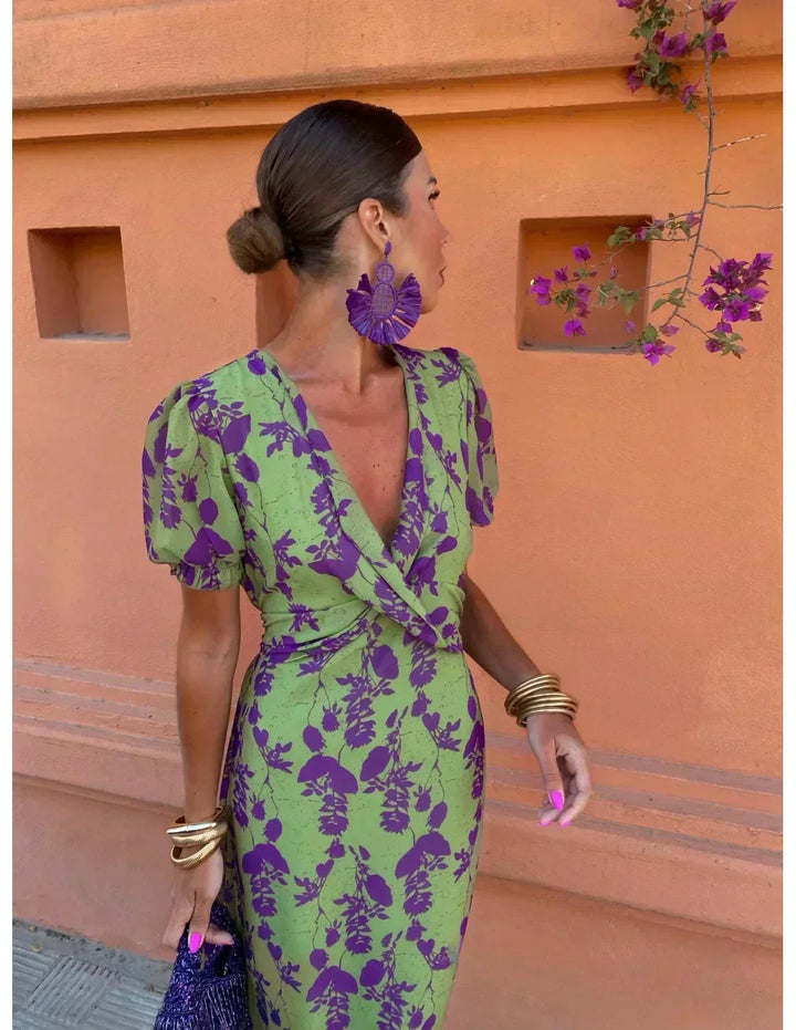 Iridessa - Elegant Bohemian Dress with V-Neck, Flowers, and Pleats