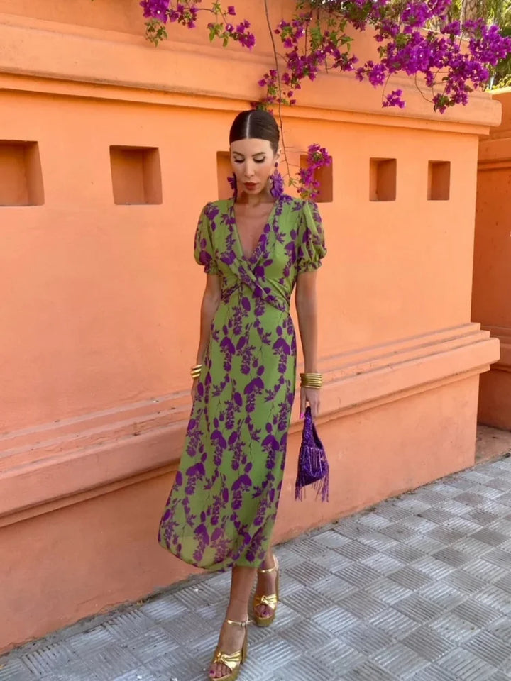Iridessa - Elegant Bohemian Dress with V-Neck, Flowers, and Pleats