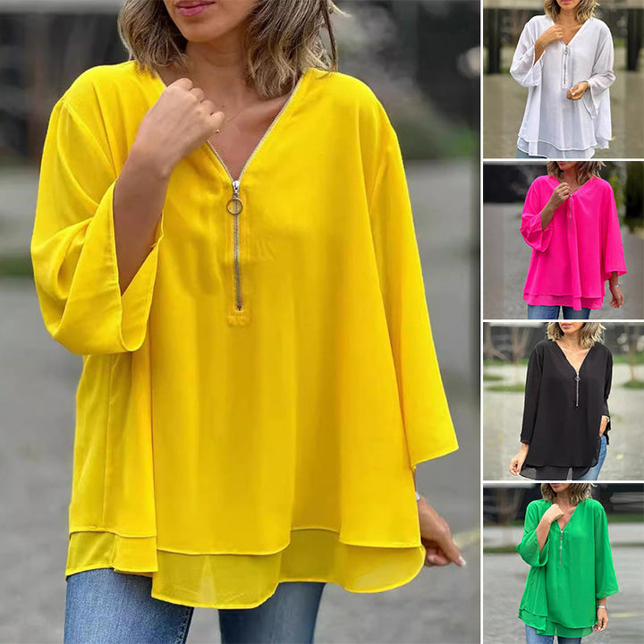 Romilly -  V-Neck Flowy Zipped Top