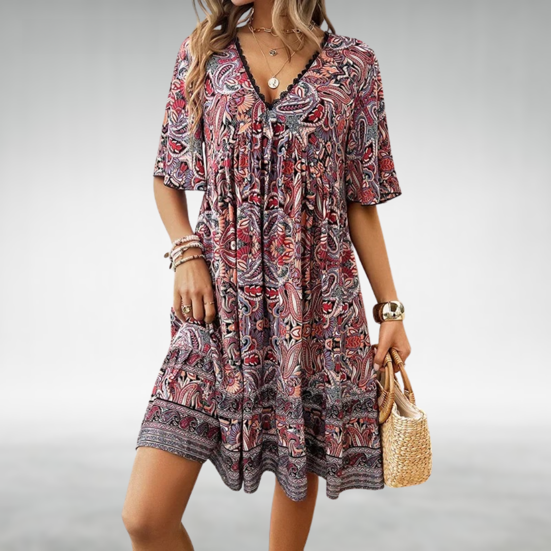 Calisse - Charming Boho Mini Summer Dress with Paisley Print