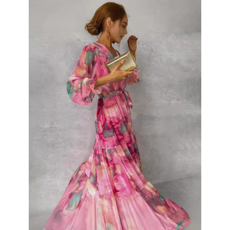 Fionna - Elegant Boho Maxi Dress with V-Neckline and Pleated Sleeves