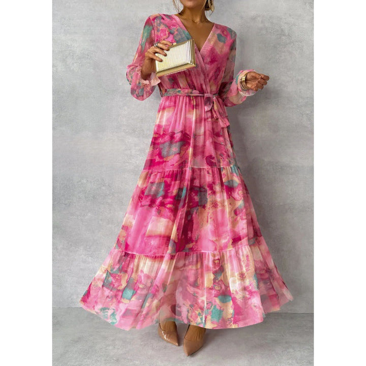 Fionna - Elegant Boho Maxi Dress with V-Neckline and Pleated Sleeves