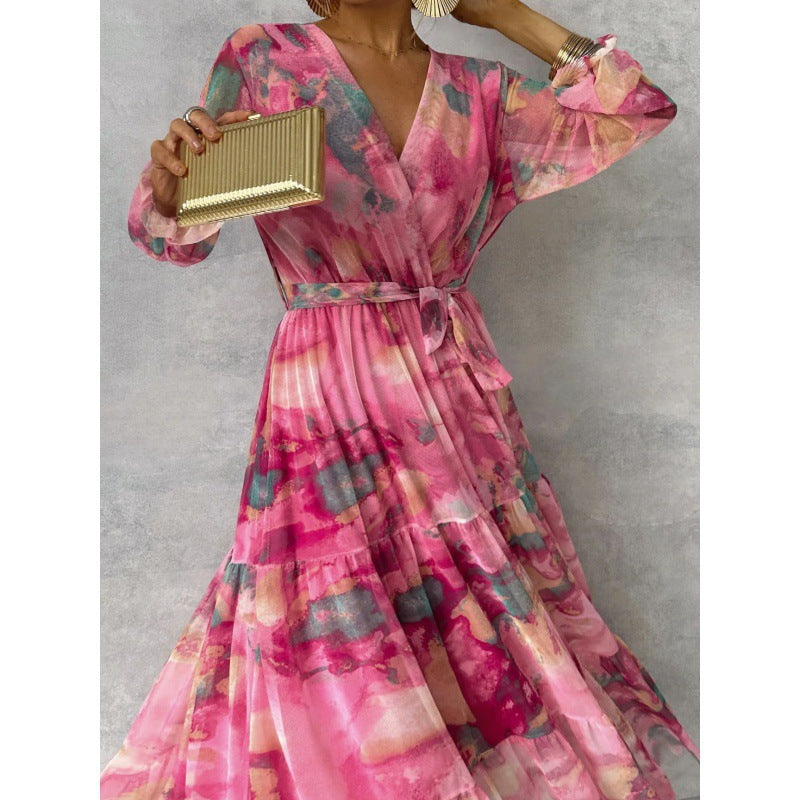 Fionna - Elegant Boho Maxi Dress with V-Neckline and Pleated Sleeves