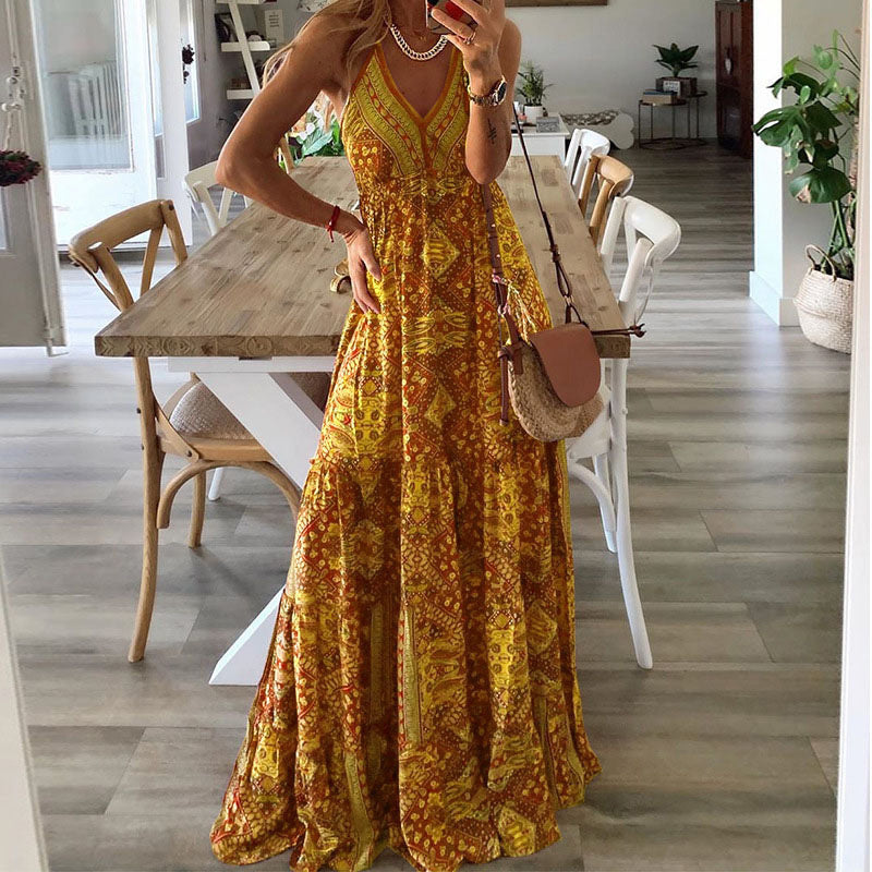 Alarisse - Charming Boho Maxi Dress with Spaghetti Straps and V-Neck