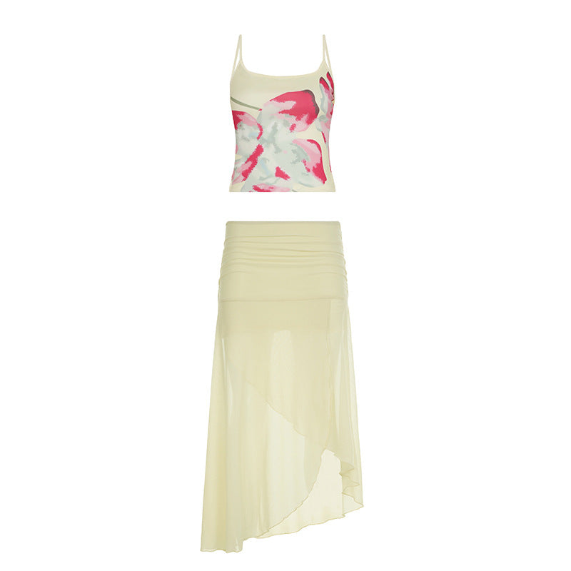 Quivannae - Floral Print Mesh Two Piece Set