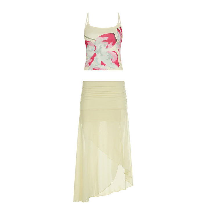 Quivannae - Floral Print Mesh Two Piece Set