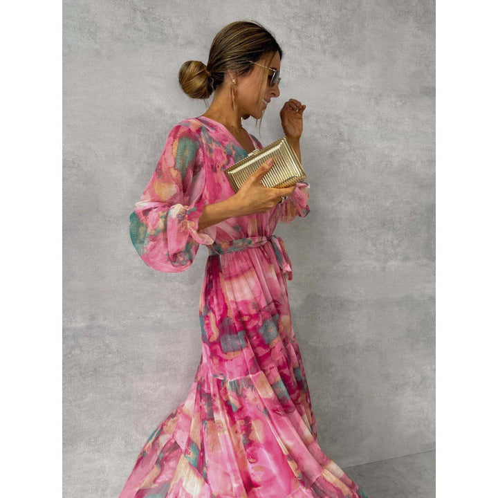 Fionna - Elegant Boho Maxi Dress with V-Neckline and Pleated Sleeves