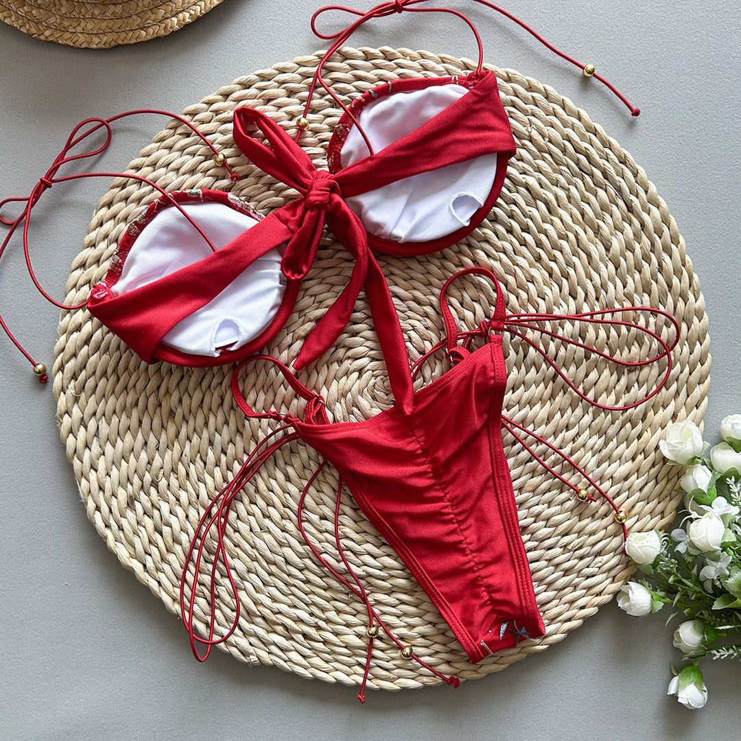 Brelissea - Embroidery Split Swimsuit