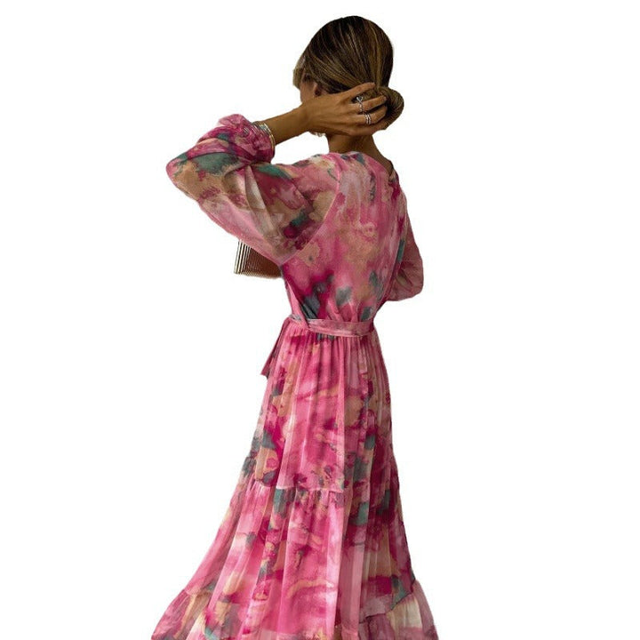 Fionna - Elegant Boho Maxi Dress with V-Neckline and Pleated Sleeves