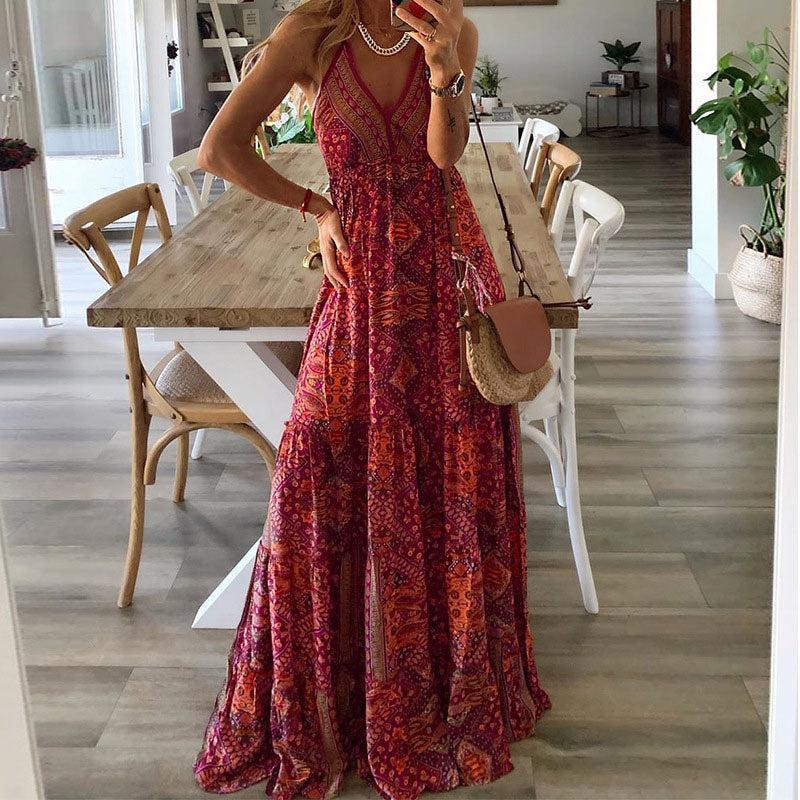 Alarisse - Charming Boho Maxi Dress with Spaghetti Straps and V-Neck