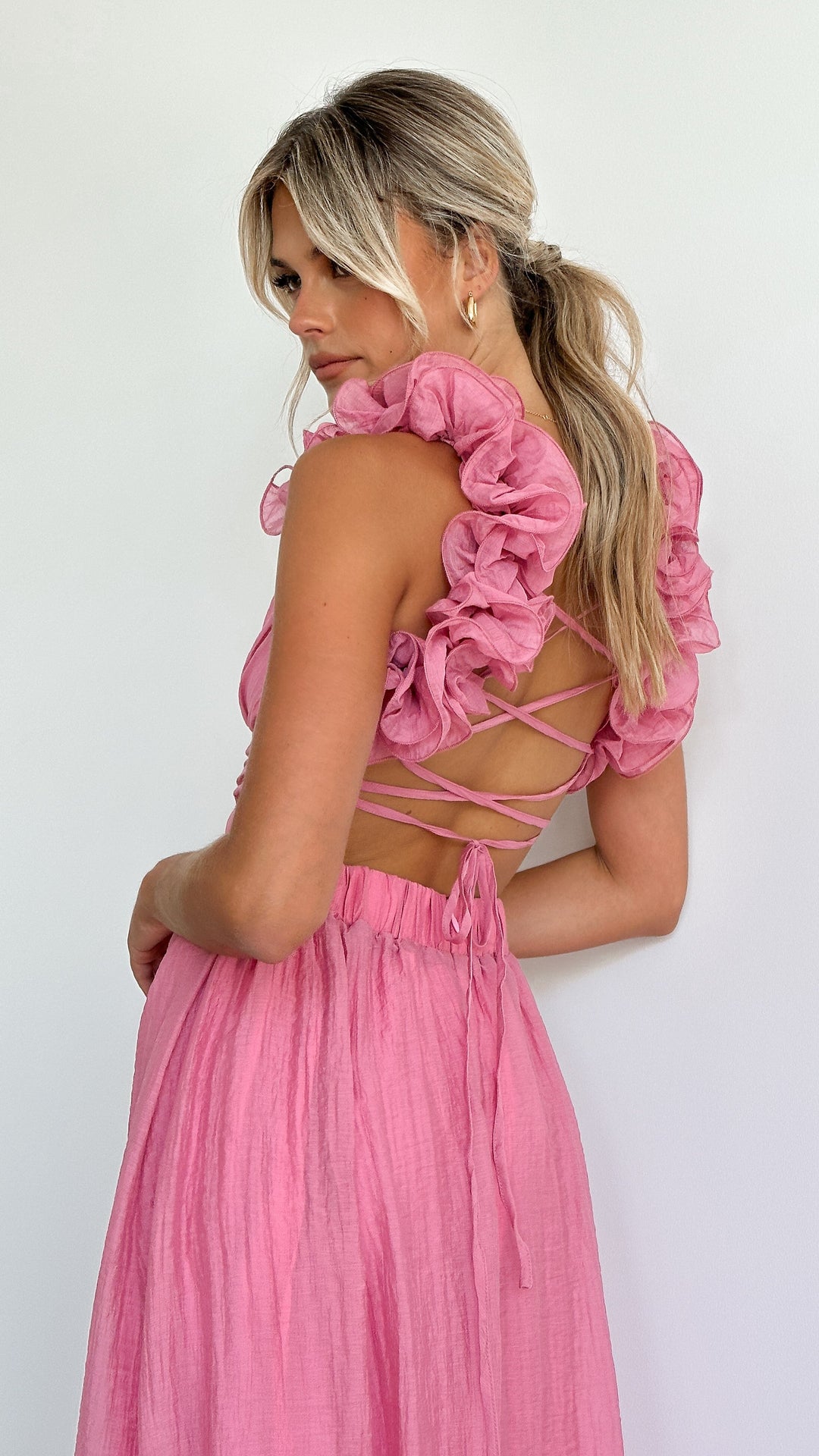 Eliza - Rosy Puff-Sleeve Midi Kleid