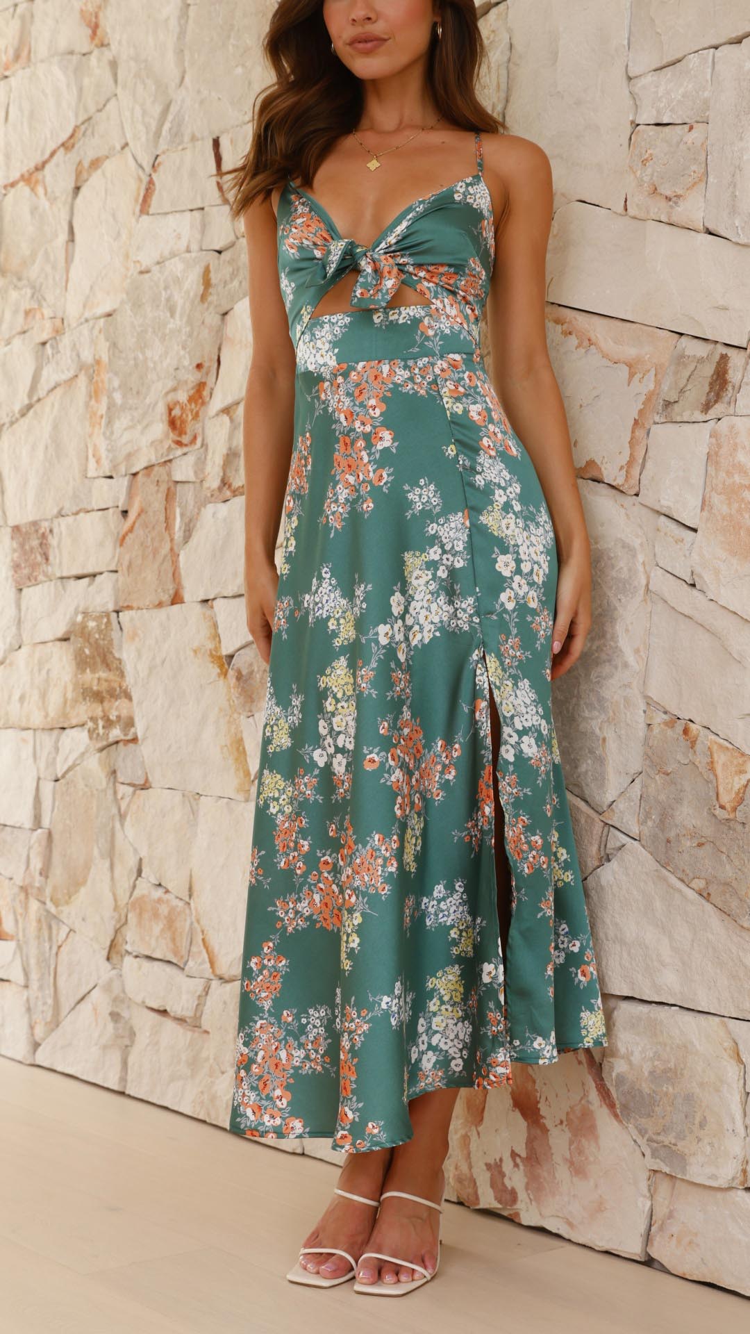 Rhonessae - Satin Floral Split Midi Dress