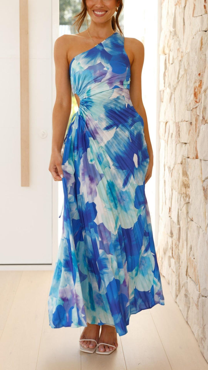 Veynorae - Floral Pleated One Shoulder Maxi Dress