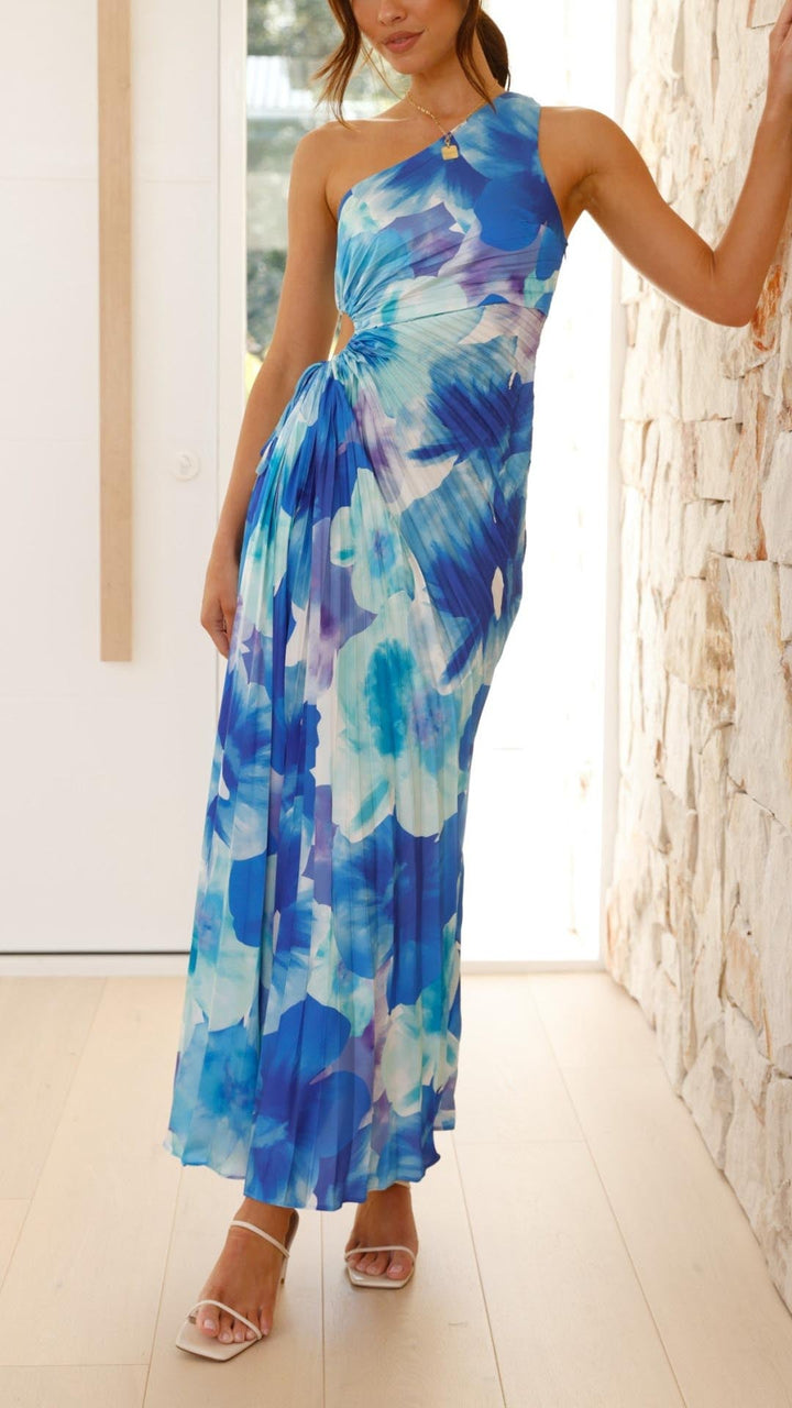 Veynorae - Floral Pleated One Shoulder Maxi Dress