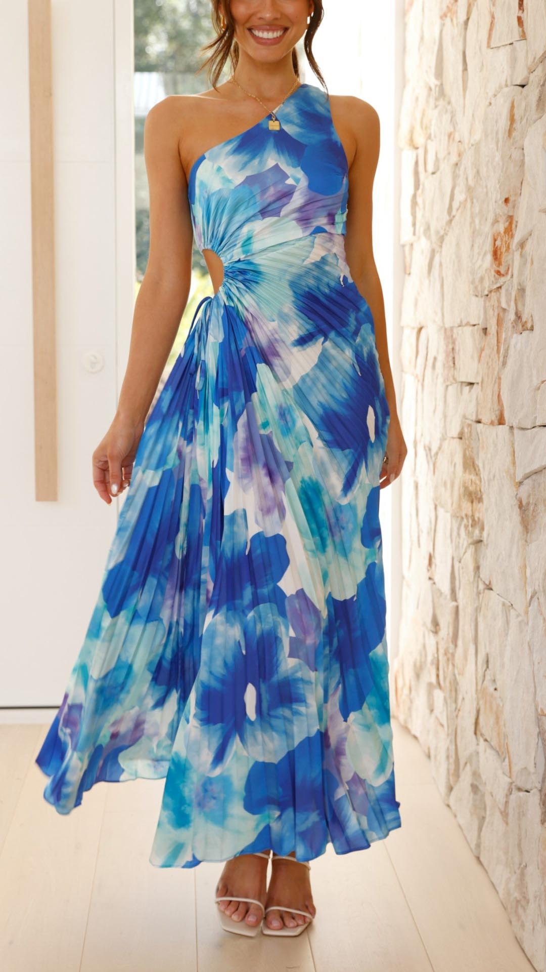 Veynorae - Floral Pleated One Shoulder Maxi Dress