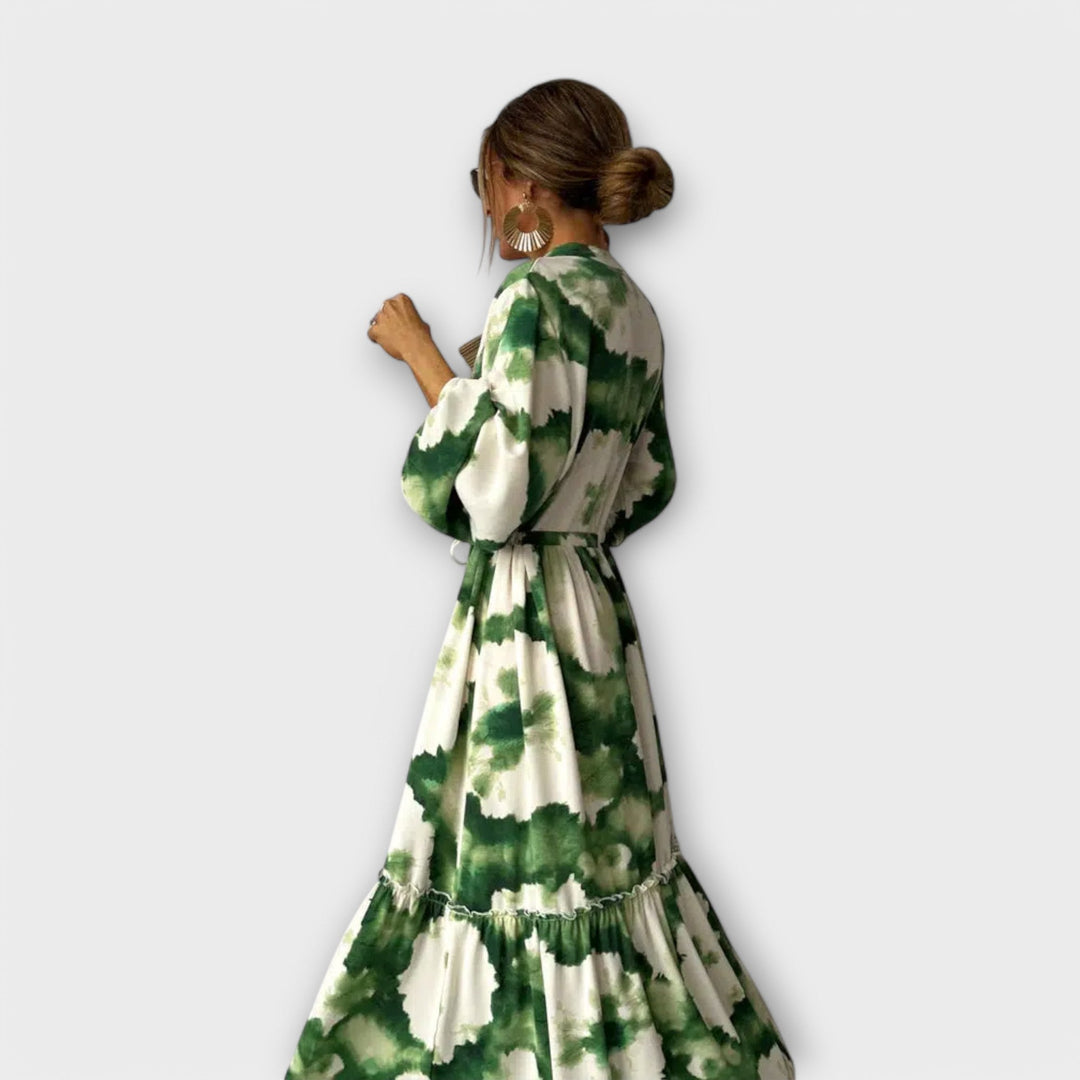 Callirae - Green Maxi Dress with Long Sleeves and V-Neck