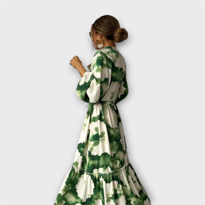 Callirae - Green Maxi Dress with Long Sleeves and V-Neck
