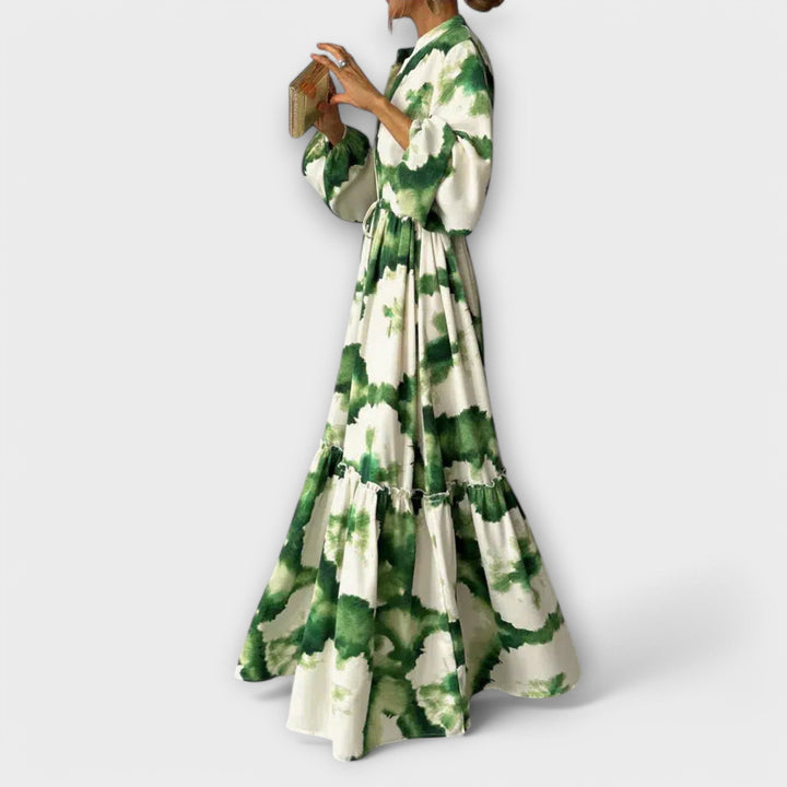 Callirae - Green Maxi Dress with Long Sleeves and V-Neck