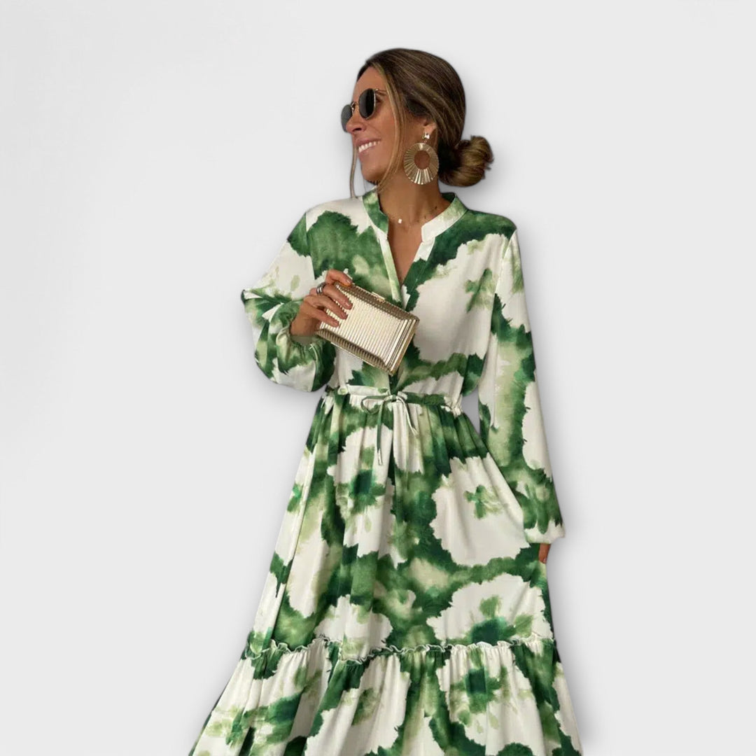 Callirae - Green Maxi Dress with Long Sleeves and V-Neck