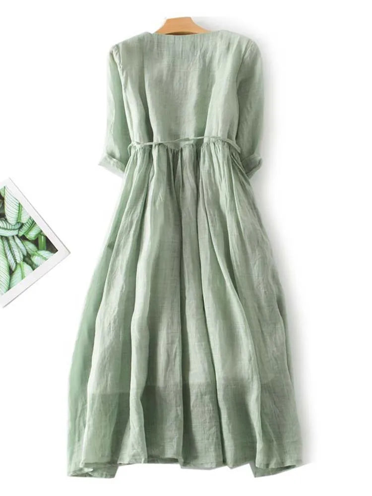 Bronte - Women's retro round neck dress with lacing at the waist
