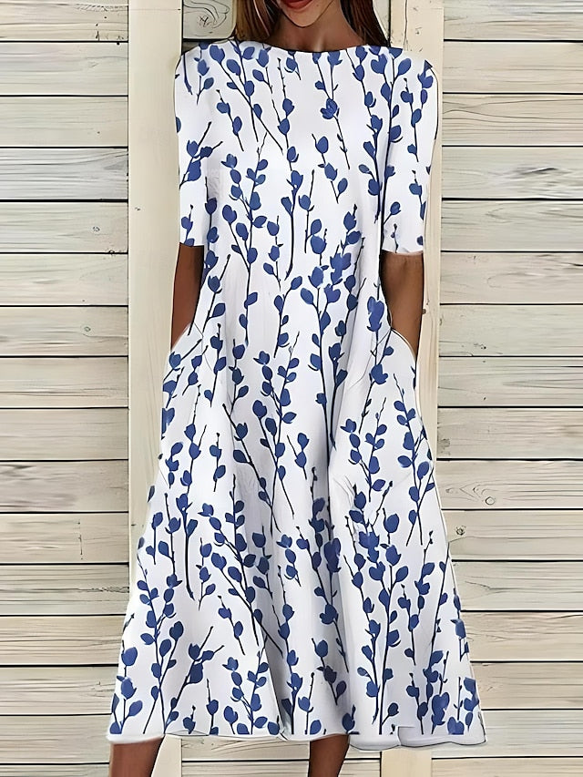 Prya - Midi summer dress with coastal flowers and round neck