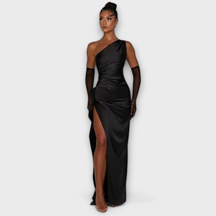 Syrelle - Asymmetrical Maxi Dress with Draping on One Arm