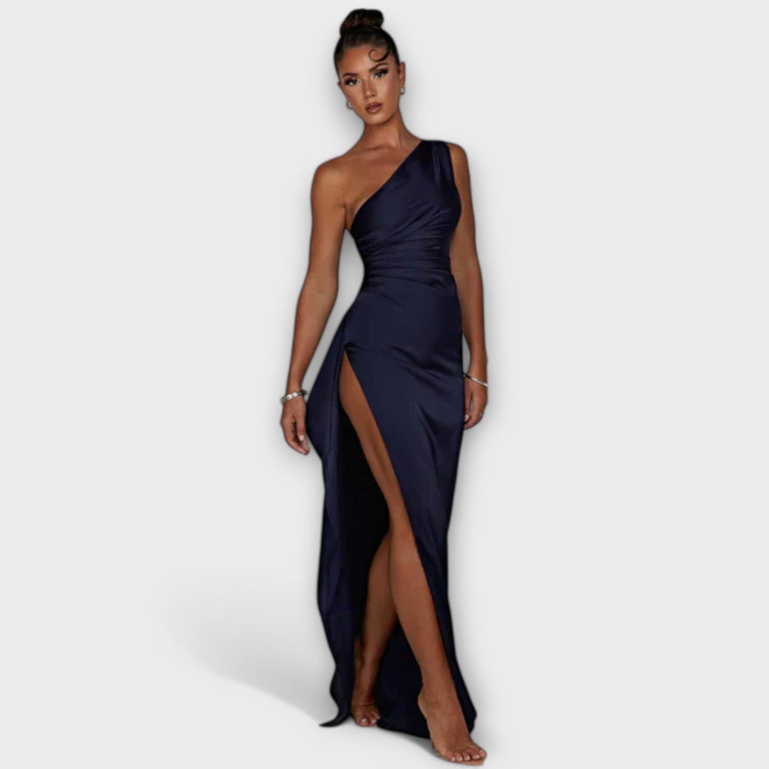 Syrelle - Asymmetrical Maxi Dress with Draping on One Arm
