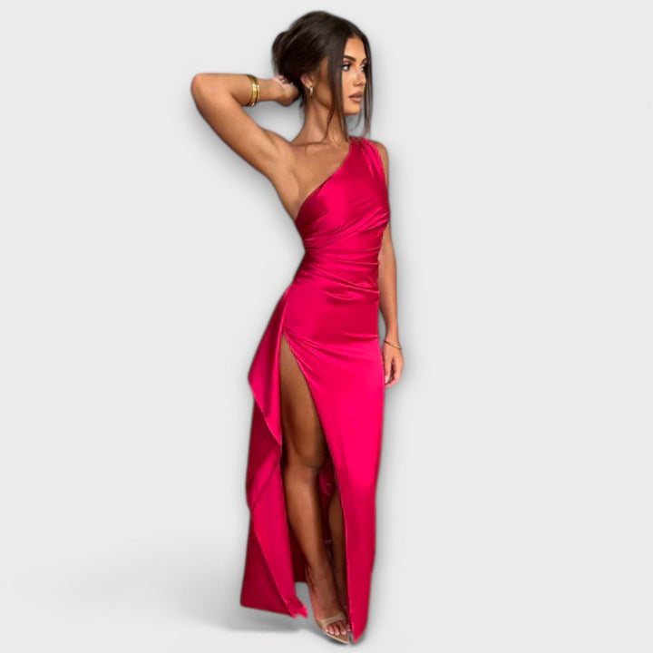 Syrelle - Asymmetrical Maxi Dress with Draping on One Arm
