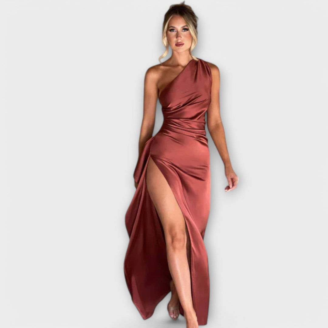 Syrelle - Asymmetrical Maxi Dress with Draping on One Arm