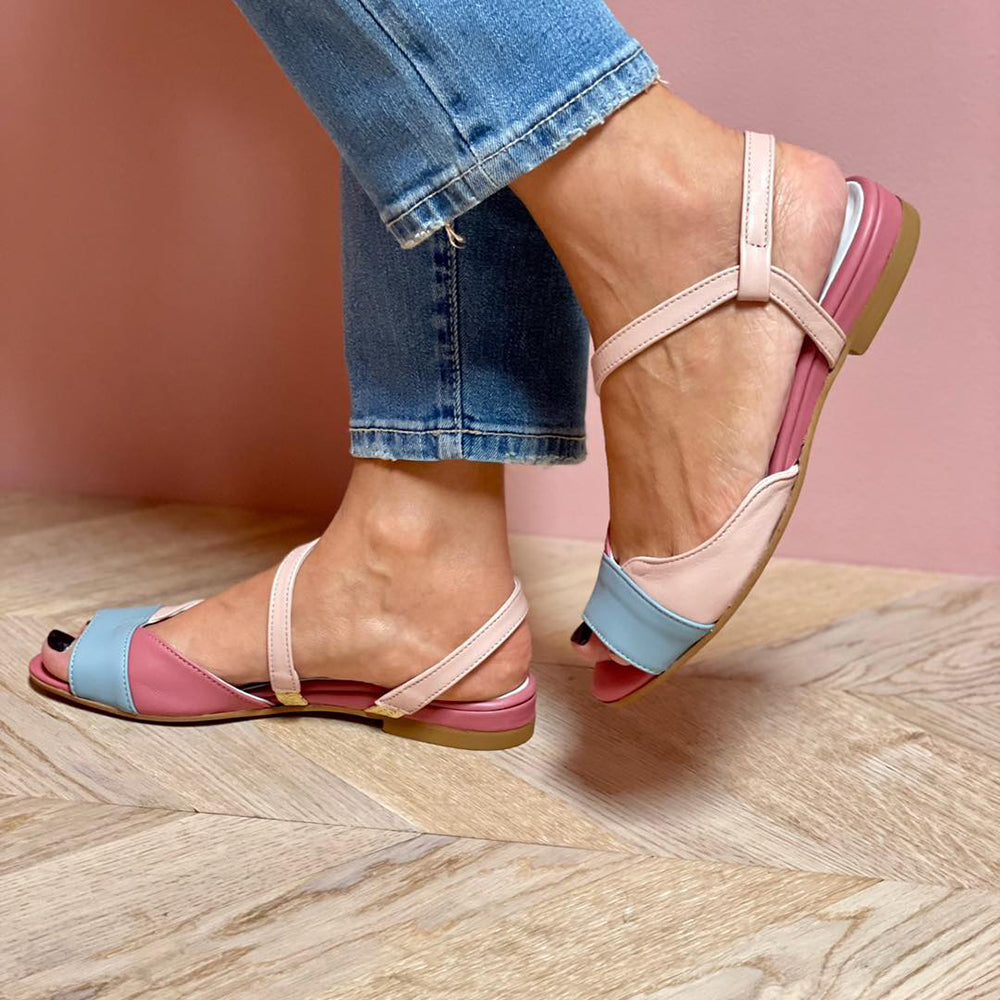 Quinn -  Elegant asymmetrical pink sandals with color block details
