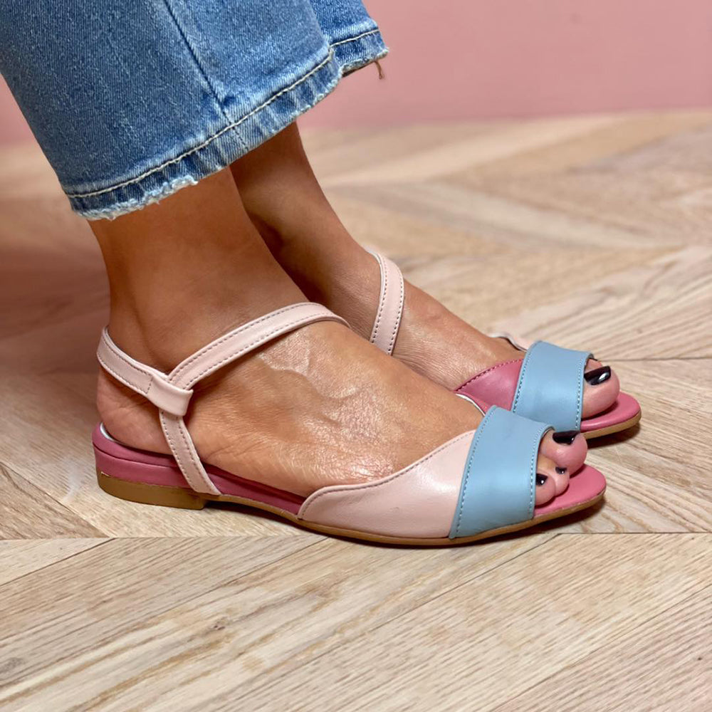 Quinn -  Elegant asymmetrical pink sandals with color block details